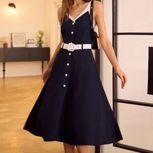 RIHOAS NWT Navy V Neck Colorblock Belted Midi Dress XS MSRP $89